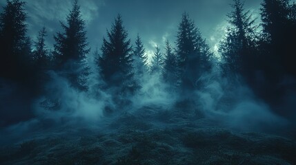 Fototapeta premium Mysterious forest shrouded in fog at twilight, with towering trees and a mystical atmosphere