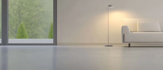 Modern living space with natural light and minimalist design features calming atmosphere