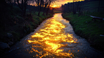 Serene sunset over a winding river reflecting golden hues amidst lush greenery
