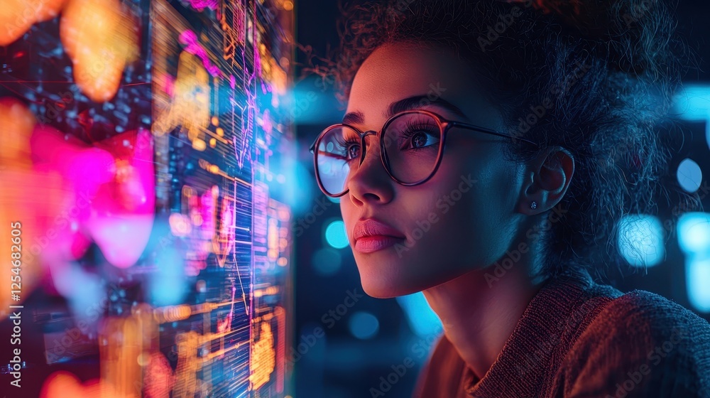 Aufkleber focused woman analyzing data visualizations in a tech environment urban setting digital art