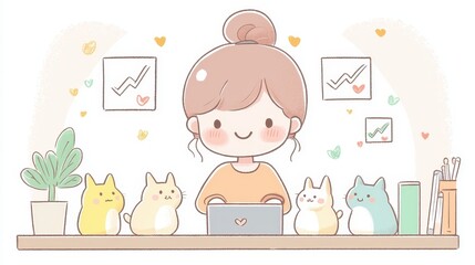 Creative workspace with cats home office digital art cozy environment cheerful viewpoint