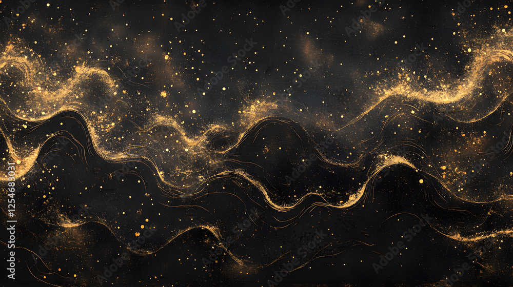 Aufkleber black background with glowing gold stars and abstract design elements for artistic and creative proj
