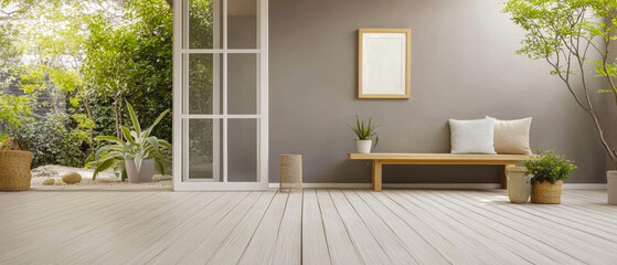 Modern indoor space featuring natural light and greenery with minimalist design elements