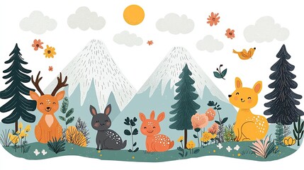 Whimsical forest scene featuring colorful animals and vibrant flora under a sunny sky