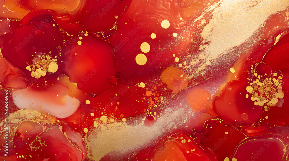 Aufkleber Close up view of a dynamic fusion of red and gold liquid creating abstract art patterns