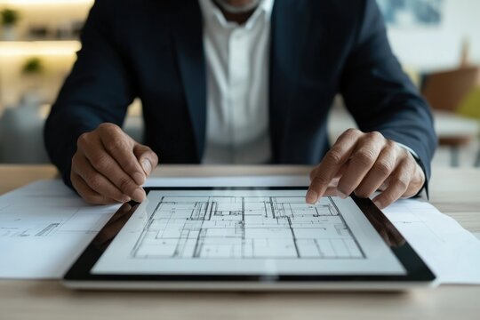 A businessman reviews architectural blueprints on a tablet, planning a construction project.