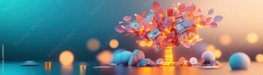 Poster a vibrant, artistic display featuring a colorful tree with glowing leaves against a softly blurred b