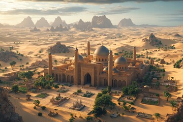 Obraz premium Desert Mosque Sunrise Oasis in Sands