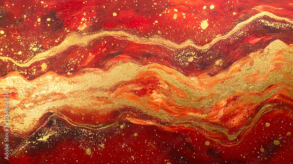 Poster abstract painting featuring red and gold swirling patterns with floral elements in a dynamic composi