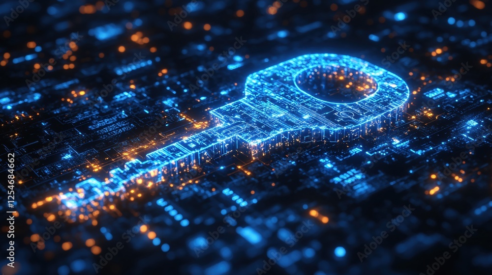 Poster digital key on circuit board with glowing lights futuristic technology concept design
