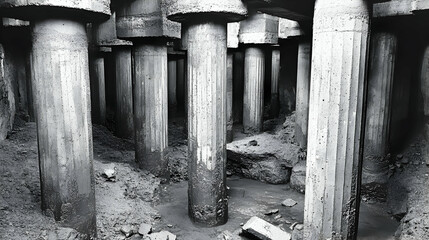 Monochrome Concrete Pillars Underground Illustration