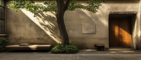Quiet courtyard with a wooden door and minimalist seating under a leafy tree