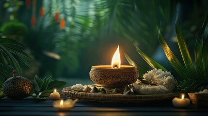 Obraz premium Tranquil candlelit scene, lush foliage backdrop, spa setting