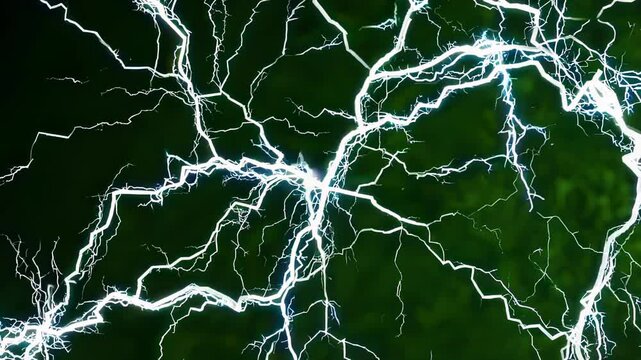 Dramatic nighttime nature photography capturing multiple forked lightning bolts against ominous storm clouds. 