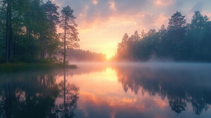 Misty Sunrise Over a Serene Lake