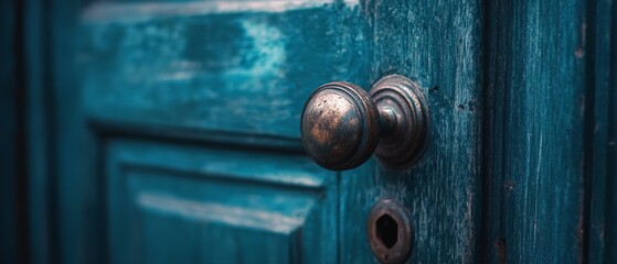 Obraz premium A weathered, rustic door with a metallic knob stands invitingly closed, hinting at mystery and stories beyond its vibrant blue hue.