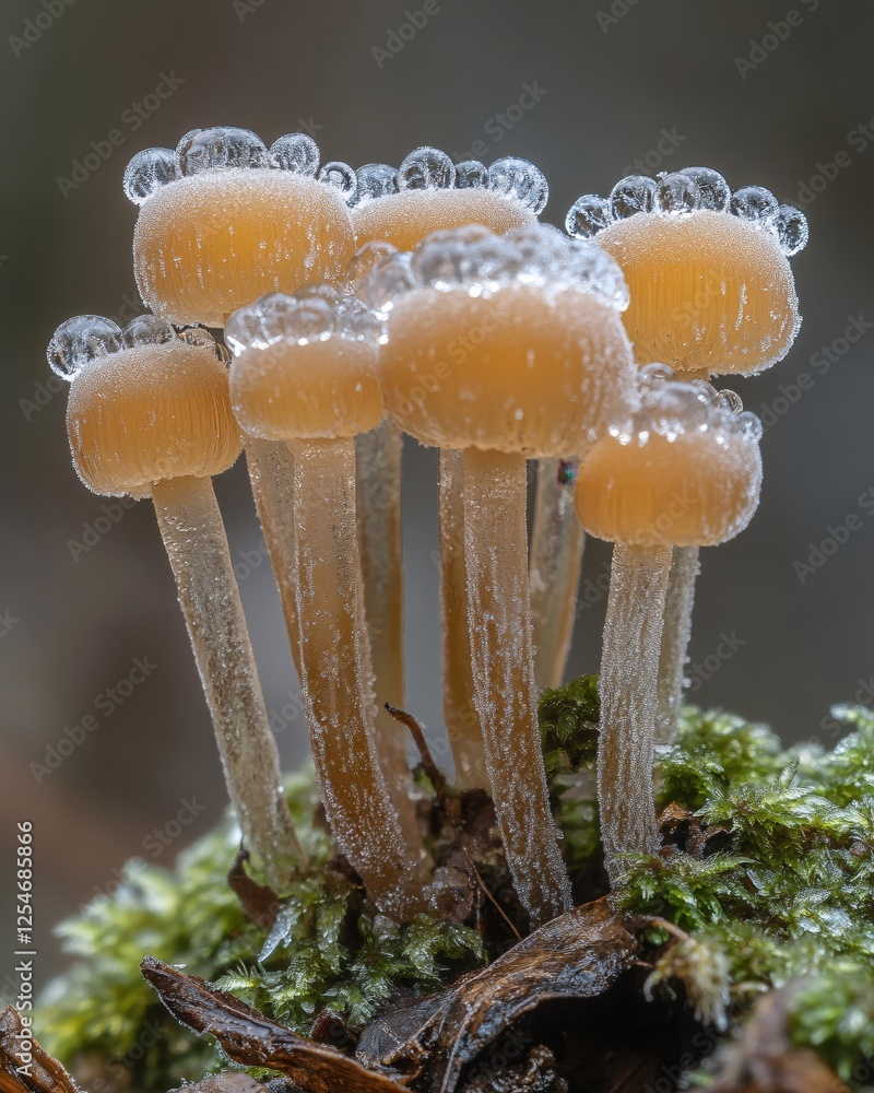 Poster frozen mushrooms with ice crystals on a mossy surface in a cold forest environment