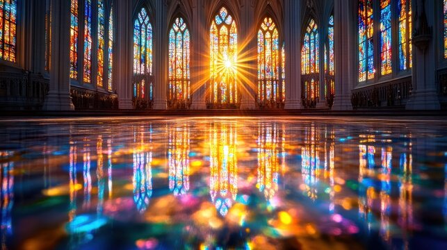 Stained Glass Church with Radiant Light Beaming Through - Powered by Adobe