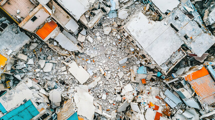 Aerial view of earthquake rubble, buildings destroyed