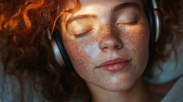 Portrait of a young woman with freckles listening to music in sunlight