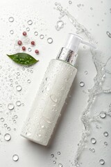 Skincare Bottle with Water Droplets on a White Background