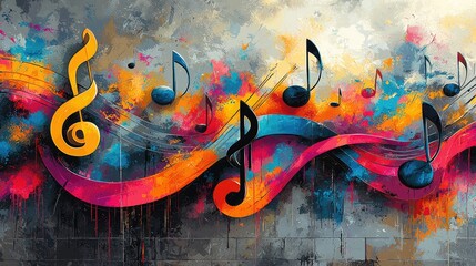 Vibrant abstract mural featuring colorful musical notes and swirls against a textured background