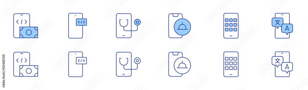 Poster application icon set in two styles, duotone and thin line style. editable stroke. app development, d