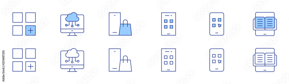 Poster application icon set in two styles, duotone and thin line style. editable stroke. app, application, 
