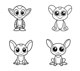 Cartoon tarsier coloring page set, cute primate character line art collection with 4 icons in EPS format, adorable big eyed animal illustrations for kids activity books and educational decor
