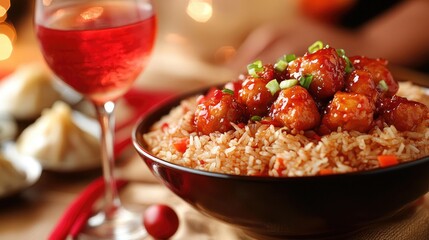 A close-up of a bowl of fried rice topped with sweet and sour meatballs, accompanied by a glass of red beverage, set in a cozy dining atmosphere with soft lighting and festive decorations 