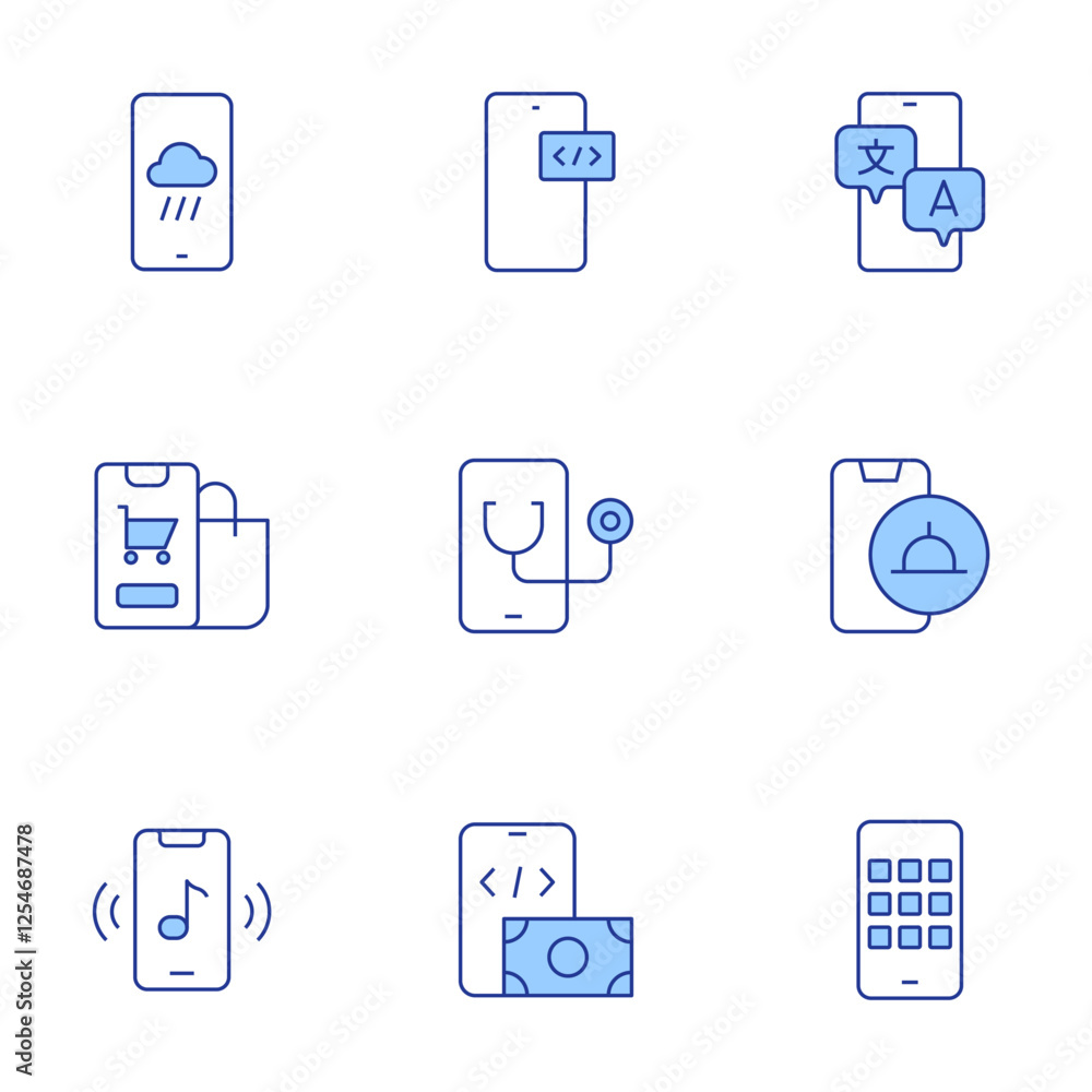 Poster application icons set. line duotone style, editable stroke. app, app development, development, docto