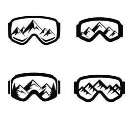 Ski Goggles with Mountain Reflection – Black and White Adventure Vector Illustration