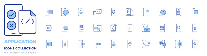Application icons collection. Line Duotone style, editable stroke. apps, chat, coding, fitness app, gps, health monitor, mobile app, smart home, smartphone