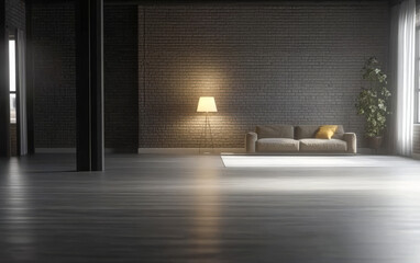 Fototapeta premium Modern interior space featuring a cozy sofa and warm lamp in a minimalist design