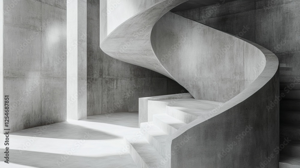 Fototapete Spiral concrete staircase design showcasing minimalist architectural features and light play within an interior space. Generative AI