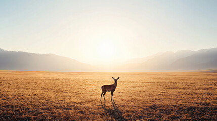 Photorealistic lone deer standing dried riverbed golden sunrise soft mist rolling hills serene vast open plains natural beauty scene earth rural travel sky dawn land calm quiet path wallpaper field