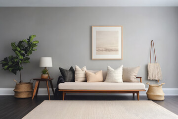 Naklejka premium Modern living room design featuring neutral tones and minimalist decor elements