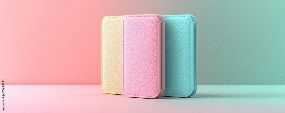 Poster three colorful rectangular cases sit against a soft pastel backdrop, showcasing a minimalistic and m