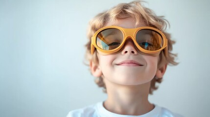 Happy boy wearing oversized yellow sunglasses.
