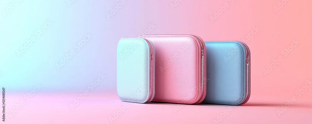 Poster three pastel-colored cases in pink and blue are arranged on a soft gradient background, creating a m