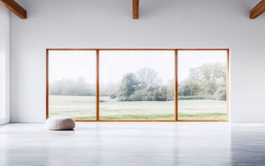 Fototapeta premium Modern interior with large windows showcasing tranquil countryside landscape