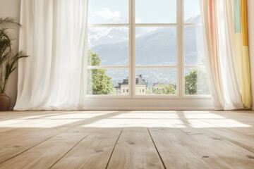 Fototapeta premium Bright interior with large window revealing stunning mountain view in a serene room setting