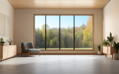 Fototapeta premium Bright and spacious living room with a scenic view of autumn foliage
