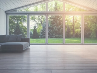 Modern living room with large windows showcasing lush greenery during daylight
