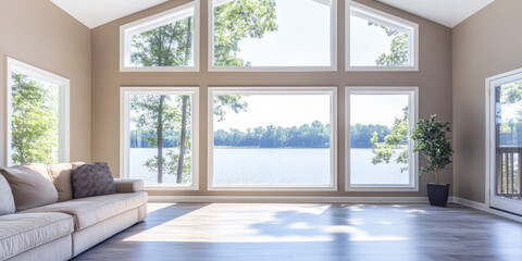 Modern living room with large windows overlooking tranquil lakeside view