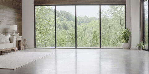 Modern interior with large windows showcasing lush greenery outside