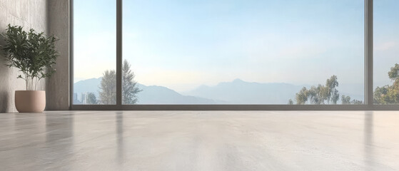 Fototapeta premium Modern room with panoramic view of mountains and clear sky in daylight