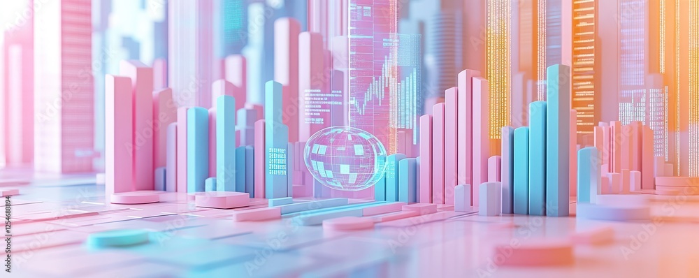 Poster a colorful 3d representation of data metrics, featuring vibrant bars and futuristic structures, idea