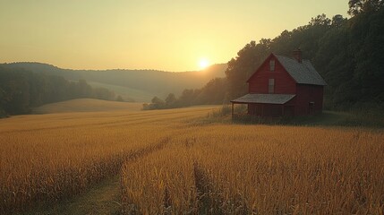 Serene sunrise over golden wheat field with a rustic red farmhouse in peaceful countryside