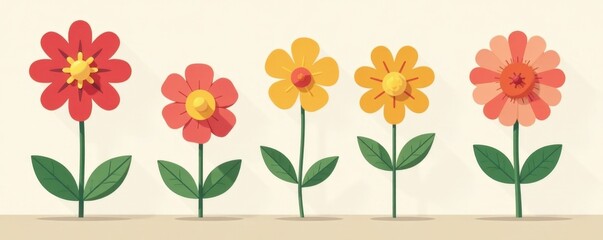 Cheerful flat flower icons; vibrant hues, clean lines , flat, vibrant